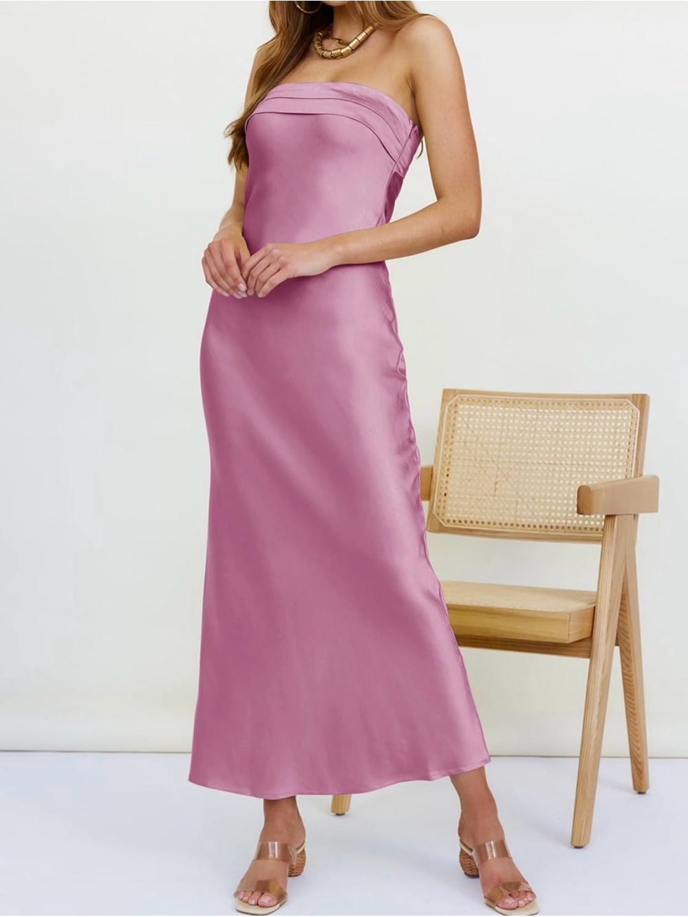 Strapless Satin Slip Dress in Dusty Rose
